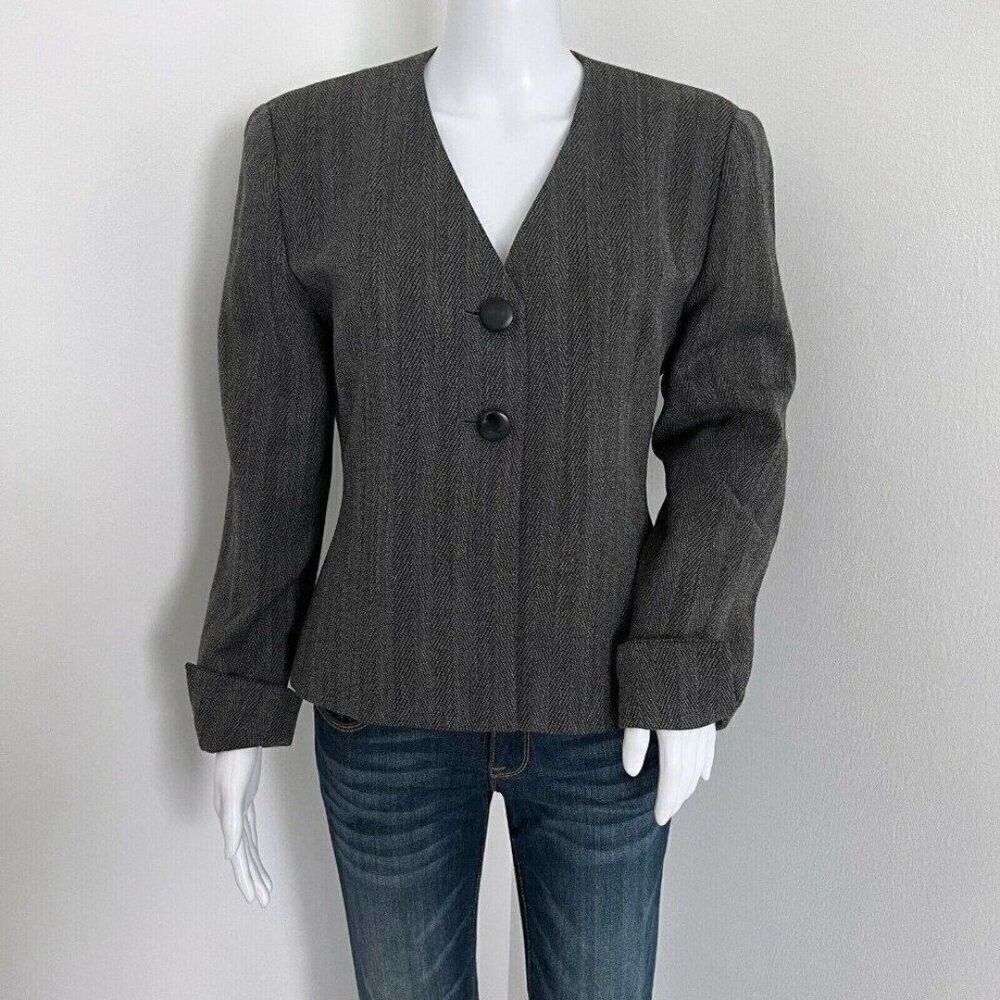 Vintage Christian Dior Women's Herringbone Jacket Size 8 Gray Worsted Wool USA